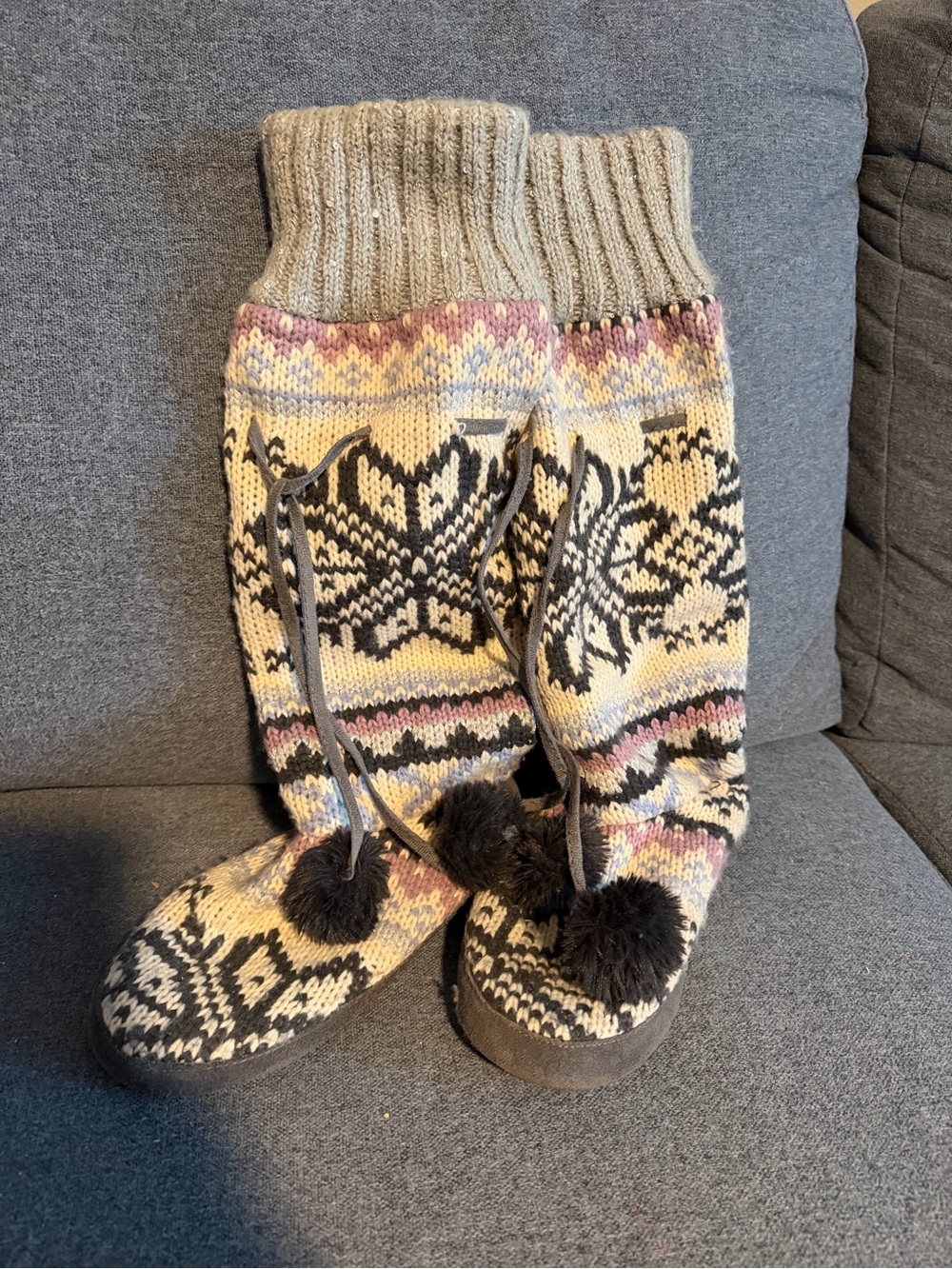 Muk Luks Knit Pom-Pom Slipper Boots in Cream, Gray and Pink
